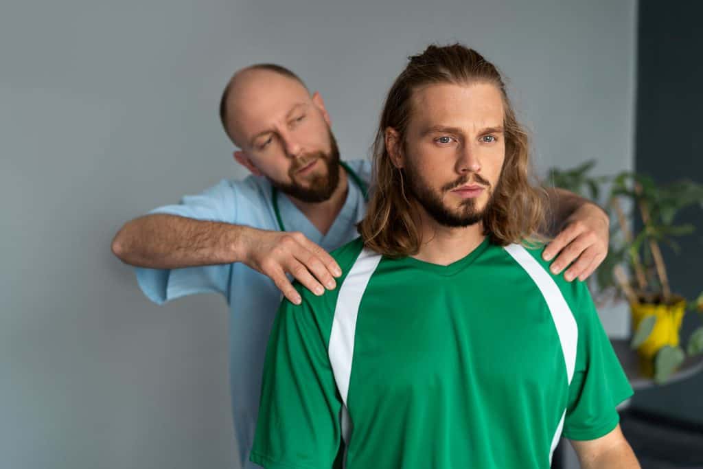 Athletic patient receiving physical therapy treatment for sports injury rehabilitation