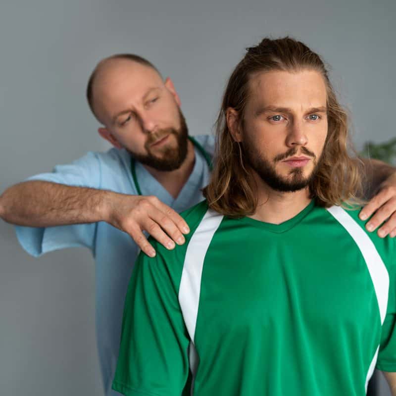 Athletic patient receiving physical therapy treatment for sports injury rehabilitation