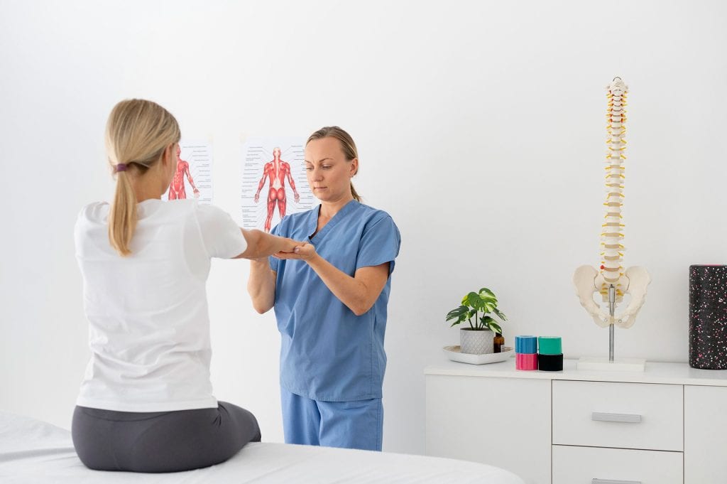 Young woman performing therapeutic exercises during physical therapy session for injury recovery