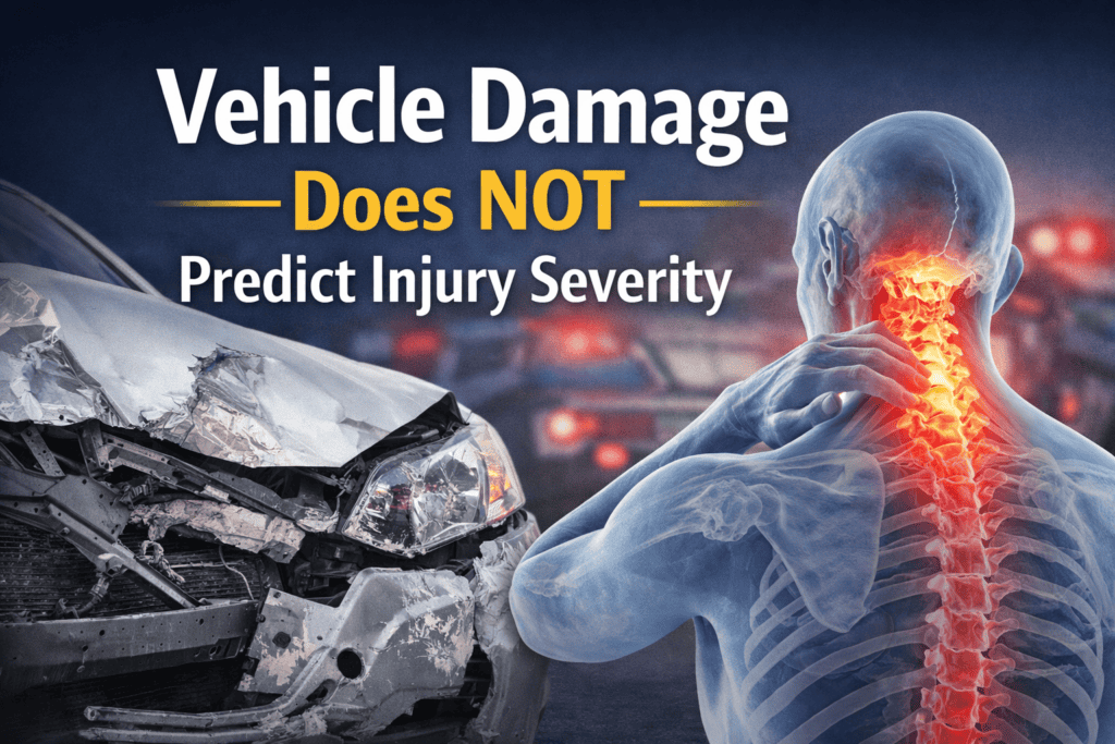 Vehicle damage after a car accident does not predict injury severity, as soft tissue and spinal injuries may occur even with minimal vehicle damage