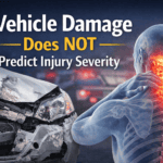 Vehicle damage after a car accident does not predict injury severity, as soft tissue and spinal injuries may occur even with minimal vehicle damage