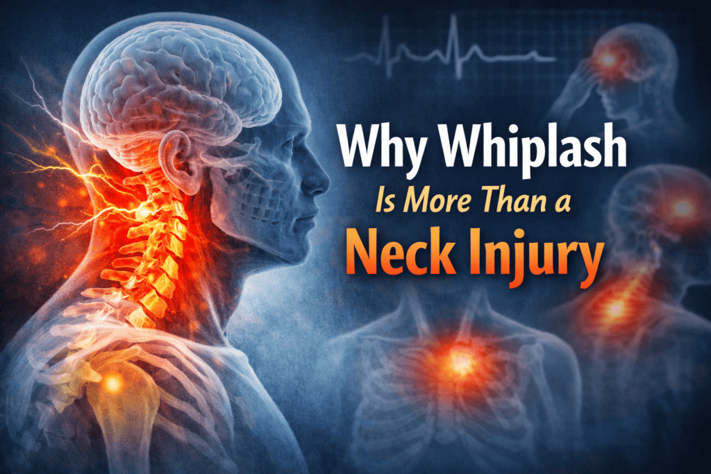 Medical illustration showing whiplash injury affecting the cervical spine, brain, and upper body, demonstrating that whiplash involves neurological and whole-body effects beyond neck pain.