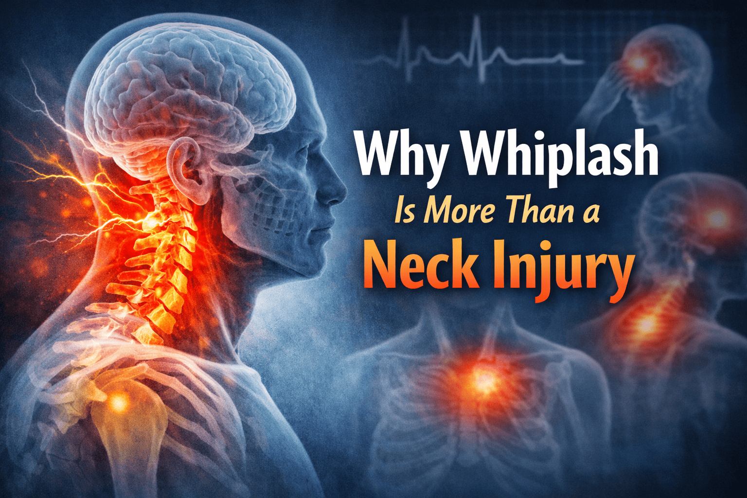 Medical illustration showing whiplash injury affecting the cervical spine, brain, and upper body, demonstrating that whiplash involves neurological and whole-body effects beyond neck pain.