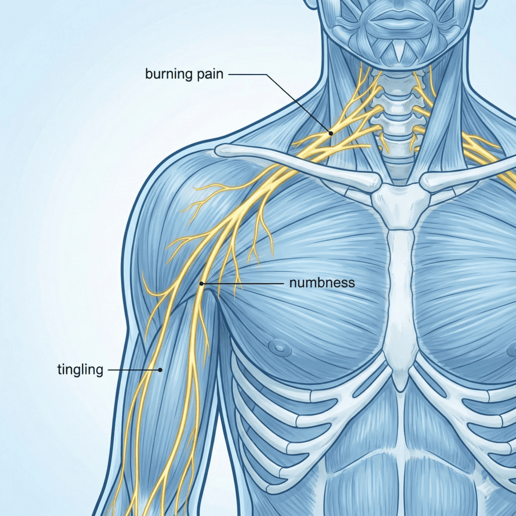 Medical illustration highlighting cervical and brachial nerve pathways related to tingling and numbness after whiplash.