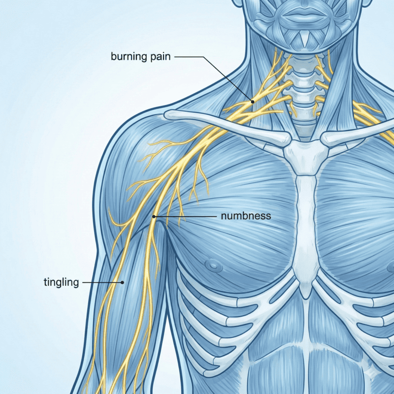 Medical illustration highlighting cervical and brachial nerve pathways related to tingling and numbness after whiplash.