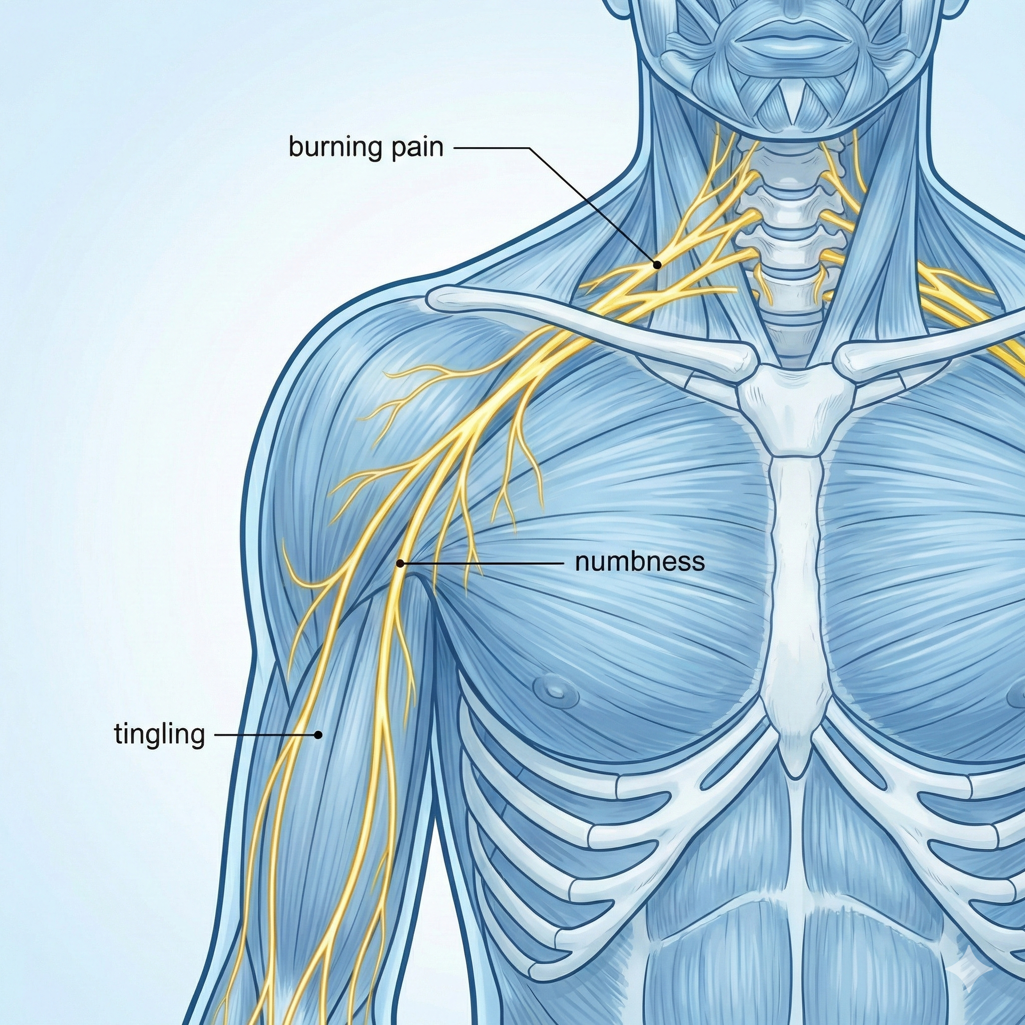 Medical illustration highlighting cervical and brachial nerve pathways related to tingling and numbness after whiplash.